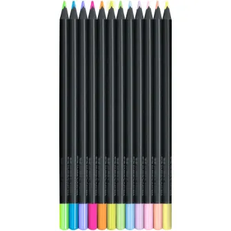 Creioane colorate Faber-Castell Black Edition 12 culori pastel si neon, cutie metal