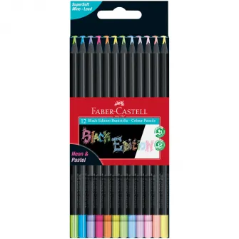 Creioane colorate Faber-Castell Black Edition 12 culori pastel si neon, cutie metal