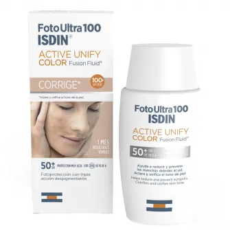 Crema colorata cu tripla actiune de depigmentare ISDIN Fotoultra Active Unify Color 100+, SPF50+, pentru protectie solara, 50 ml