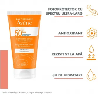 Crema de fata cu protectie solara Avene SPF 50+ TRIASORB, pentru ten sensibil, fara parfum, 50 ml