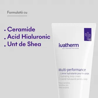 Crema hidratanta pentru corp Multi-performance, Ivatherm, cu ceramide si acid hialuronic pentru piele sensibila, uscata, deshidratata, 200 ml