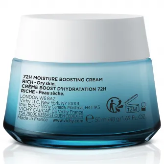 Crema intens hidratanta 72H, Vichy Mineral 89 cu acid hialuronic și niacinamida pentru tenul uscat, 50 ml