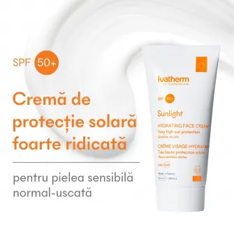 Crema protectie solara pentru fata SPF 50+ Sunlight, Ivatherm, pentru piele sensibila si uscata, 50 ml