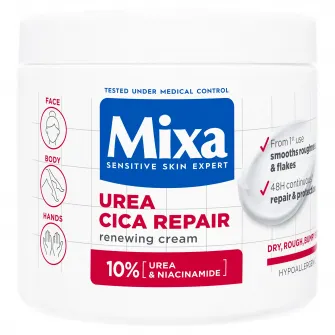 Crema regeneratoare pentru fata si corp Mixa Urea Cica Repair cu 10% Uree si Niacinamida, piele uscata, descuamata, cu denivelari, 400 ml