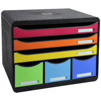 Cutie organizare Exacompa Store-Box Iderama, 6 sertare colorate, PS reciclat, Eticheta Blue-Angel, A4+, Negru