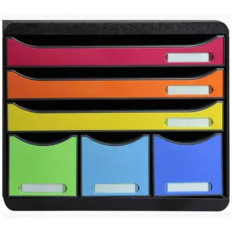Cutie organizare Exacompa Store-Box Iderama, 6 sertare colorate, PS reciclat, Eticheta Blue-Angel, A4+, Negru