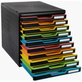 Cutie organizare Exacompta Modulo Black Office, 10 sertare colorate, PS reciclat, Eticheta Blue-Angel, A4+, Negru