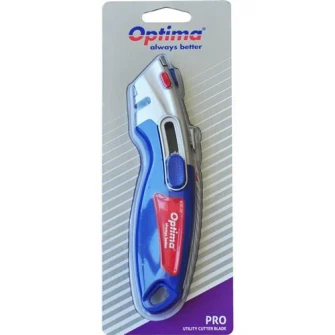 Cutter profesional Optima, lama trapezoidala + 4 rezerve SK2 tratate, 2 functiuni, zinc cu rubber grip