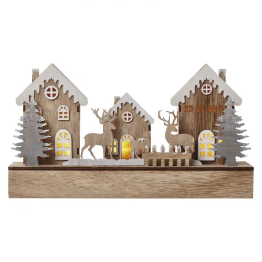 Decoratiune de Craciun Emos, Micul Sat, 30*17cm, 5LED, 2xAA, cu temporizator, alb cald (ZY2320)