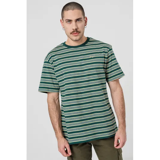 Denim Project, Tricou cu dungi si decolteu la baza gatului, Alb, Galben pal, Verde englez, S