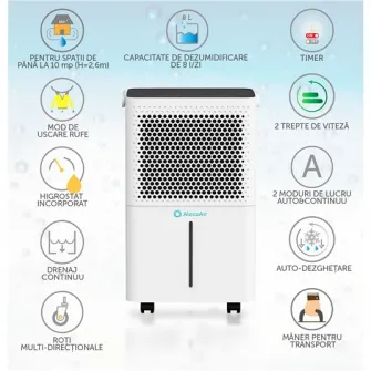 Dezumidificator AlecoAir D8 Junior, 8 litri/zi, debit aer 80 mc/h, functie uscare rufe, display digital, higrostat, timer, auto-restart