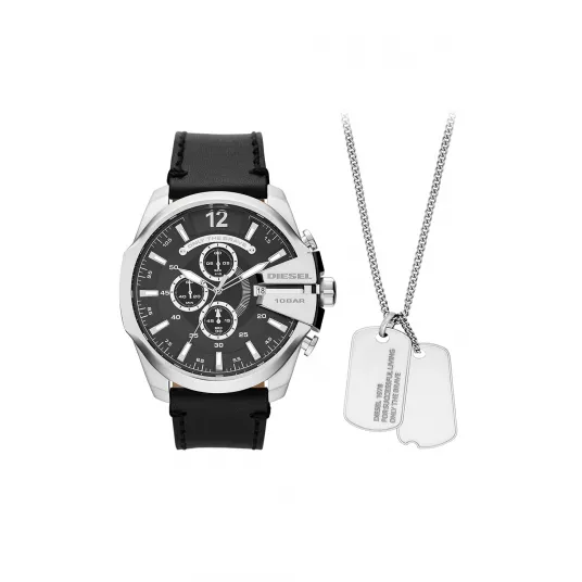 Diesel, Set de ceas quartz si colier din otel inoxidabil, Negru/Argintiu