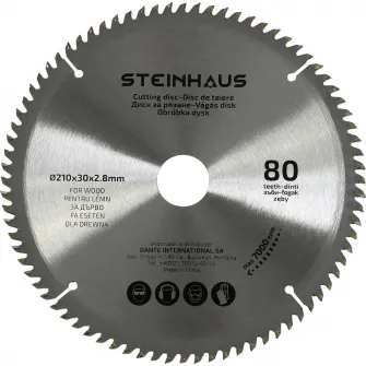Disc de taiere lemn cu 80 dinti Steinhaus PRO-BL80, 210x30x2.8mm, pentru debitor PRO-MS15