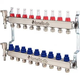 Distribuitor-Colector Fornello, echipat cu debitmetre, robineti si aerisitoare, inox, filet interior, 9 cai, 1