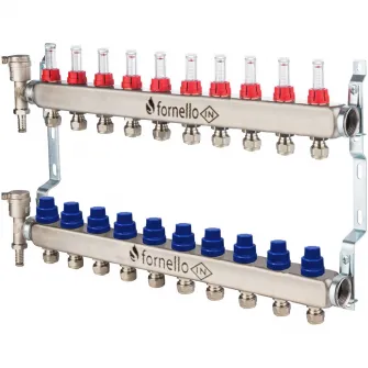 Distribuitor-Colector Fornello, echipat cu debitmetre, robineti si aerisitoare, inox, filet interior, 10 cai, 1