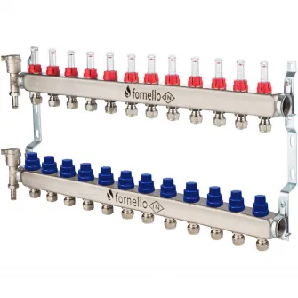 Distribuitor-Colector Fornello, echipat cu debitmetre, robineti si aerisitoare, inox, filet interior, 12 cai, 1