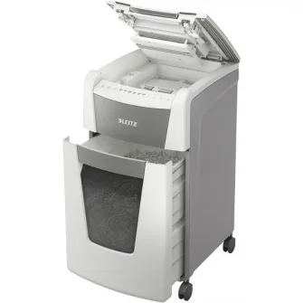 Distrugator documente automat Leitz IQ Office, P4, cross-cut (confeti), 300 coli, cos 60l, alb-gri