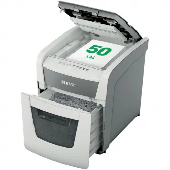 Distrugator documente automat Leitz IQ Small Office, P4, cross-cut (confeti), 50 coli, cos 20l, silentios, alb-gri