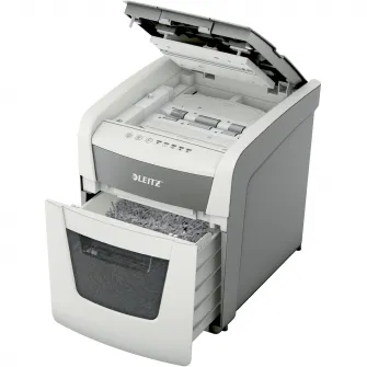 Distrugator documente automat Leitz IQ Small Office, P4, cross-cut (confeti), 50 coli, cos 20l, silentios, alb-gri