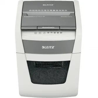 Distrugator documente automat Leitz IQ Small Office, P4, cross-cut (confeti), 50 coli, cos 20l, silentios, alb-gri