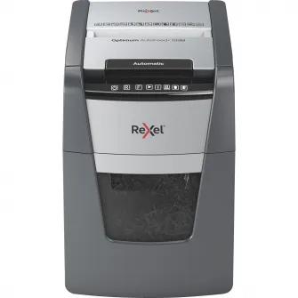 Distrugator documente automat REXEL OPTIMUM 100M, P5, micro-cut (particule), 100 coli, cos 34l, negru-gri