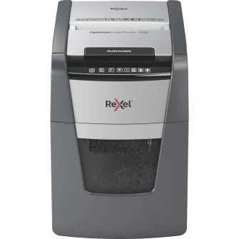 Distrugator documente automat REXEL OPTIMUM 100X, P4, cross-cut (confeti), 100 coli, cos 34l, negru-gri