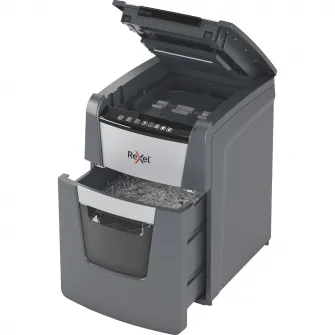 Distrugator documente automat REXEL OPTIMUM 100X, P4, cross-cut (confeti), 100 coli, cos 34l, negru-gri
