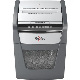 Distrugator documente automat REXEL OPTIMUM 50X, P4, cross-cut (confeti), 50 coli, cos 20l, negru-gri