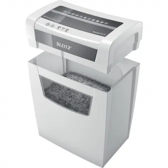 Distrugator documente manual Leitz IQ Home Office, P4, micro-cut (particule), 8 coli, cos 15l, silentios, alb-gri