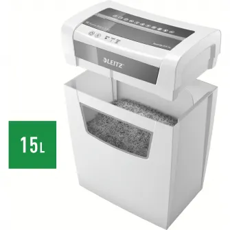 Distrugator documente manual Leitz IQ Home Office, P4, micro-cut (particule), 8 coli, cos 15l, silentios, alb-gri