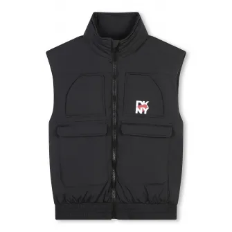 DKNY, Vesta cu fermoar si gluga detasabila, Negru stins, 138 CM