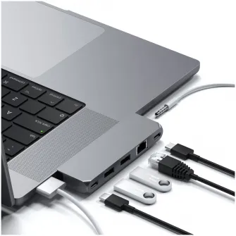 Docking Satechi Pro Hub Mini din aluminiu 1xUSB4 96W, 1xHDMI 6K 60Hz, 2 x USB-A 3.0, 1xEthernet, 1xUSB-C, 1xAudio, Gri spatial
