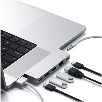 Docking Satechi Pro Hub Mini din aluminiu 1xUSB4 96W, 1xHDMI 6K 60Hz, 2 x USB-A 3.0, 1xEthernet, 1xUSB-C, 1xAudio, Argintiu