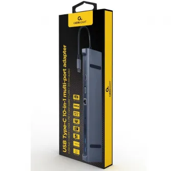 Docking station Gembird 10-in-1, USB-C x 1, USB-A 3.1 x 3, HDMI x 1, VGA x 1, RJ45 x 1, PD 87W, SD, microSD, Audio, Argintiu, A-CM-COMBO10-01