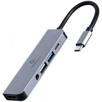 Docking station Gembird 5-in-1, USB-C x 1, USB-A 3.1 x 1, USB-A 2.0 x 1, HDMI x 1, PD 87 W, audio, Argintiu, A-CM-COMBO5-02