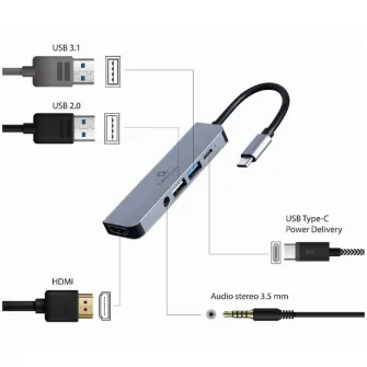 Docking station Gembird 5-in-1, USB-C x 1, USB-A 3.1 x 1, USB-A 2.0 x 1, HDMI x 1, PD 87 W, audio, Argintiu, A-CM-COMBO5-02