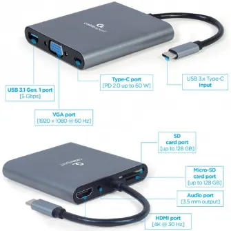 Docking station Gembird 6-in-1, USB-C x 1, USB-A 3.1 x 1, HDMI x 1, VGA x 1, PD 60 W, SD și microSD, audio, Argintiu, A-CM-COMBO6-01