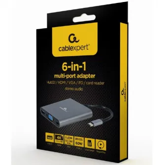 Docking station Gembird 6-in-1, USB-C x 1, USB-A 3.1 x 1, HDMI x 1, VGA x 1, PD 60 W, SD și microSD, audio, Argintiu, A-CM-COMBO6-01