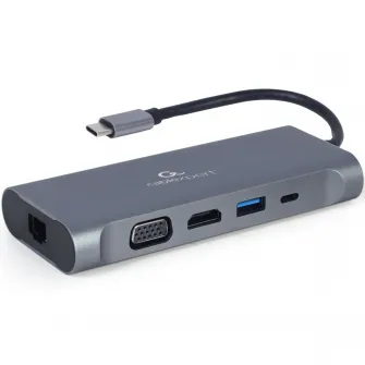 Docking station Gembird 7-in-1, USB-C x 1, USB-A 3.1 x 3, HDMI x 1, VGA x 1, RJ45 x 1, PD 100 W, SD și microSD, audio, Argintiu, A-CM-COMBO7-01