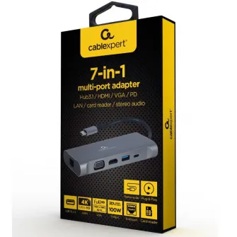 Docking station Gembird 7-in-1, USB-C x 1, USB-A 3.1 x 3, HDMI x 1, VGA x 1, RJ45 x 1, PD 100 W, SD și microSD, audio, Argintiu, A-CM-COMBO7-01