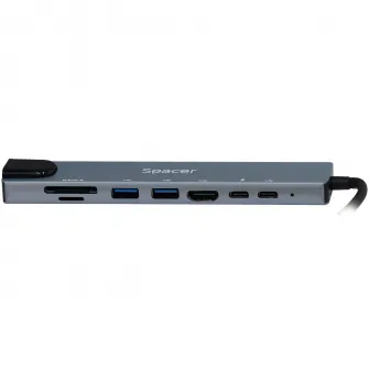 Docking station universal 8 in 1, Spacer, conectare Type-C, USB 3.0 x 2|USB Type C x 1|PD 87W x 1|HDMI x 1 4K (30Hz)|RJ-45 (1000MHz/s)| SD Cardx1| TF (MicroSD)x1, aluminiu, gri