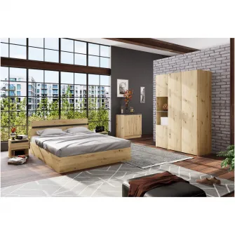 Dormitor Irim Kamelia, pat 160x200 cm, dulap, 2 noptiere, comoda, stejar artisan
