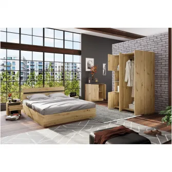Dormitor Irim Kamelia, pat 160x200 cm, dulap, 2 noptiere, comoda, stejar artisan