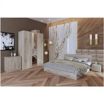 Dormitor Irim Treff II , Pat 160x200 cm, Dulap 3usi, 2 Noptiere, Comoda, Culoare Sonoma Arwen
