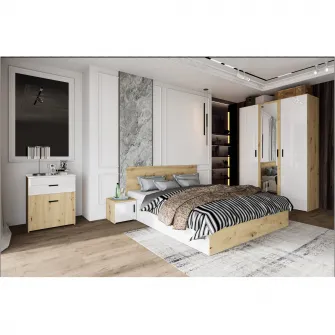 Dormitor Irim Treff , Pat 160x200 cm, Dulap, 2 Noptiere, Comoda, Culoare stejar/alb