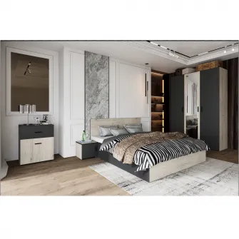 Dormitor Irim Treff , Pat 160x200 cm, Dulap, 2 Noptiere, Comoda, Culoare stejar/grafit