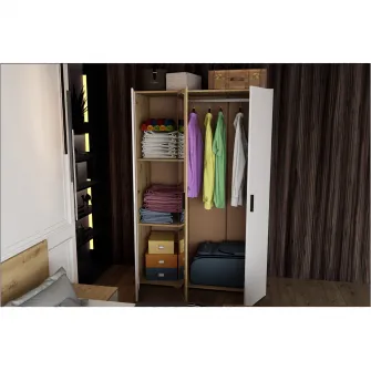 Dormitor Irim Treff , Pat 160x200 cm, Dulap, 2 Noptiere, Comoda, Culoare stejar/alb