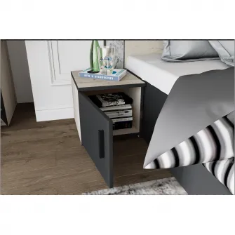 Dormitor Irim Treff , Pat 160x200 cm, Dulap, 2 Noptiere, Comoda, Culoare stejar/grafit