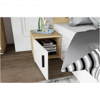 Dormitor Irim Treff , Pat 160x200 cm, Dulap, 2 Noptiere, Comoda, Culoare stejar/alb