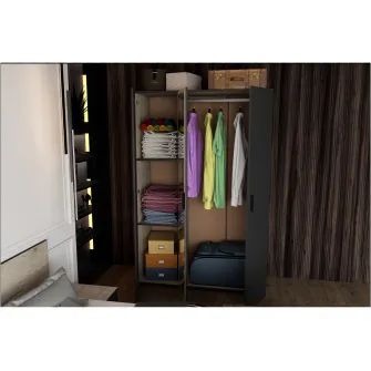 Dormitor Irim Treff , Pat 160x200 cm, Dulap, 2 Noptiere, Comoda, Culoare stejar/grafit